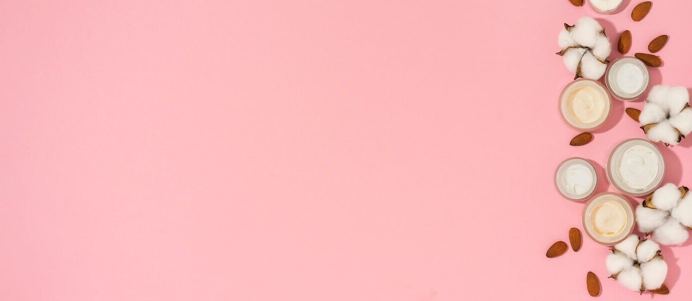horizontal banner cosmetic products with almonds cotton horizontal banner cosmetic products with almonds cotton